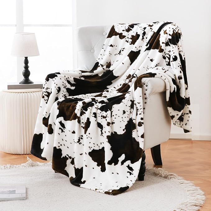 Bnuitland Cow Printed Fleece Flannel Throw Blanket, 300 GSM Double Sided Fuzzy Fluffy Blanket for Bed Sofa Couch Travel, Super Soft Lightweight for Adults and Kids, 60×80 inch