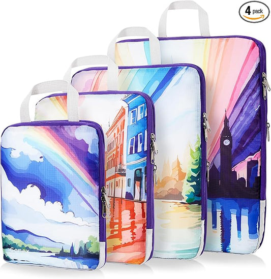 Gonex Compression Packing Cubes, 4pcs Expandable Storage Travel Luggage Bags Organizers, Travel Cubes for Suitcase Carry On (Rainbow)
