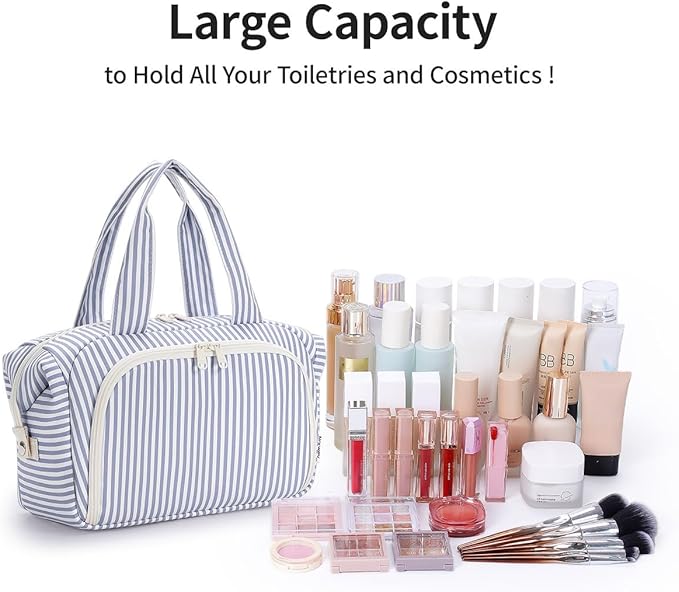 Narwey Travel Toiletry Bag for Women, Wide Open Large Makeup Bag, Cosmetic Bag Make Up Organizer with Handle, Wet Pocket for Towel, Travel Bag for Toiletries, Brushes, Essentials (Greyish Blue Stripe)