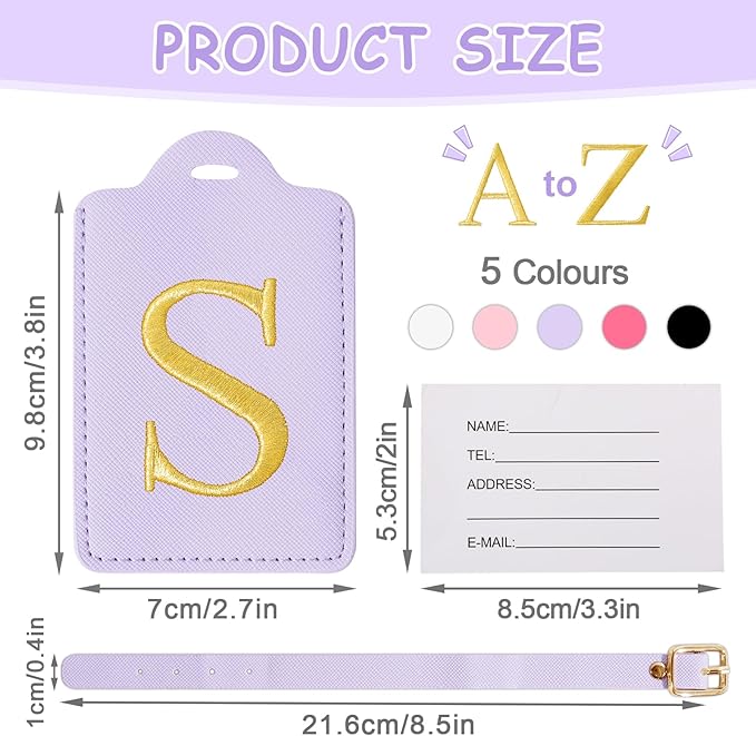 Personalized Initial Luggage Tags for Suitcases, Cute PU Leather Embroidered Letter Travel Luggage Tags, Suitcase Identifier Name Baggage Tag, Bag Tags for Men Women Kids Luggage Handbags(Purple S)