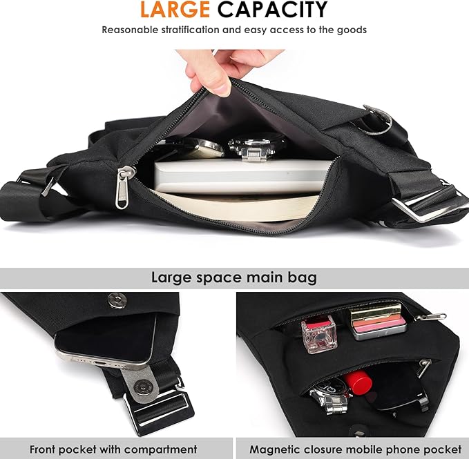 Anti Theft Crossbody Bags for Women Men Travel Sling Bag with Personal Pocket Theft Resistant Sling Backpack Shoulder Bag for Sports Hiking Traveling Running, Black
