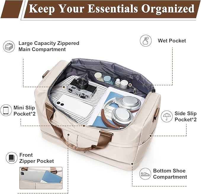 Weekender Bags for Women - 50L Large Travel Duffle Bag with Shoe Compartment - Carry on Overnight Bag for Travel, Weekend Getaway, Gym, Hospital