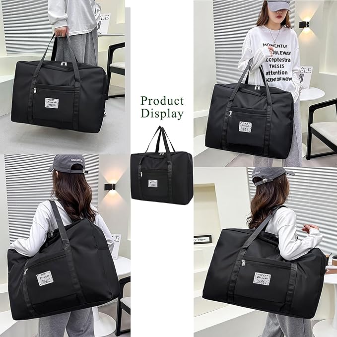 19" Travel Duffel Bag, Large Weekender Bag for Women Men, Expandable Personal Item Bag for Airlines, Water Resistant Carry On Bag with Trolley Sleeve for Gym, Overnight, Hospital (Black)