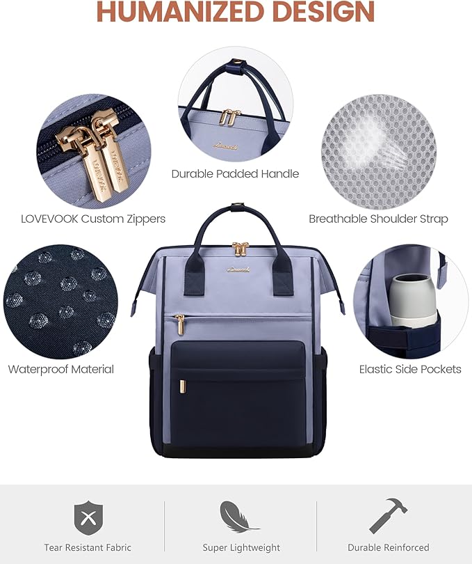 LOVEVOOK Laptop Backpack for Women 15.6 Inch, Travel Backpack with USB Charging Port Large Capacity Laptop Bag, Waterproof Bag for Business College Airline Approved Work Backpack(Grey Navy)
