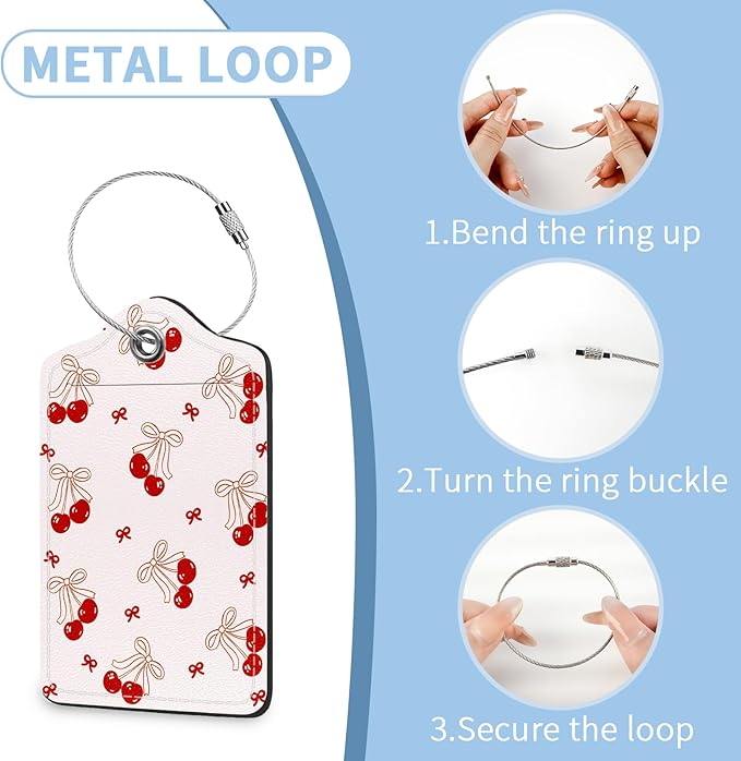 2 Pcs Luggage Tag for Suitcases, Cherry Bows Cute PU Leather Suitcase Tag Privacy Cover ID Label with Metal Loop, Personalized Baggage Identifier for Women Cruise Bag Travel Essentials