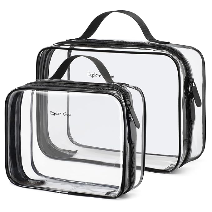 PACKISM Clear Makeup Bag Combo Pack, 1 TSA Approved Medium & Large for Checked Luggage, Clear Toiletry Bag with Handle, Water-resistant Travel Essentials Organizer, Elegant Black