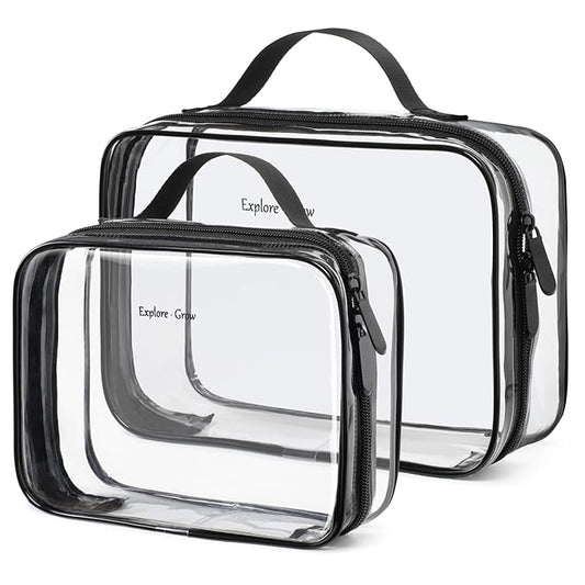 PACKISM Clear Makeup Bag Combo Pack, 1 TSA Approved Medium & Large for Checked Luggage, Clear Toiletry Bag with Handle, Water-resistant Travel Essentials Organizer, Elegant Black