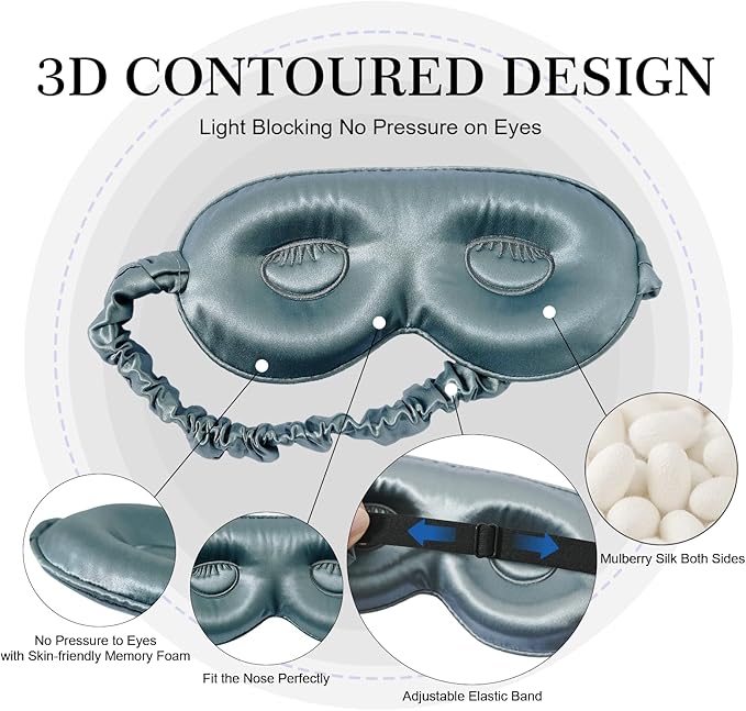 ZIMASILK Adjustable 22 Momme 100% Mulberry Silk Sleep Mask, 3D Contoured Cup Eye Mask for Sleeping, Super Soft Breathable Blindfold, Perfect Blocks Light for Sleeping. (Bluestone)
