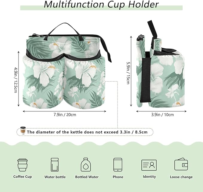 DOMIKING Hibiscus Flowers Leaves Tropical Travel Luggage Cup Holder for Suitcase Free Hands Drink Carriers with Storage Pockets for Coffee Mug Bottle