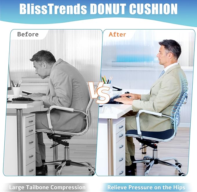 BlissTrends Donut Pillow Seat Cushion, Donut Chair Cushions for Postpartum Pregnancy & Hemorrhoids, Tailbone Pain Relief Cushion, Memory Foam Lifting Cushions for Office & Home Chairs (Blue, X-Large)
