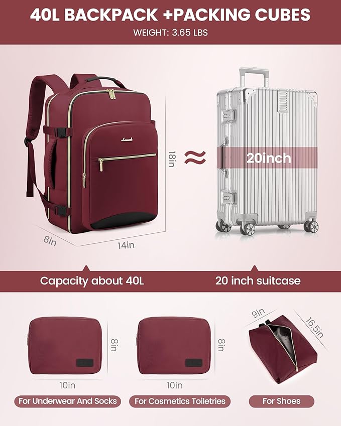 LOVEVOOK Travel Backpack for Women & Men 40L,Airline Approved Carry On Backpack Travel Essentials,TSA Carry on Luggage,Waterproof Personal Item Travel Bag,Suitcase with 3 Packing Cubes,Wine red-Black