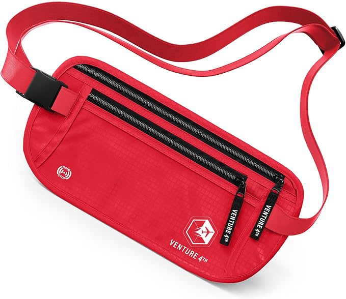 VENTURE 4TH Money Belt for Travel – Hidden Under-Clothes RFID Blocking Passport Holder & Slim Travel Wallet Pouch for Men & Women to Protect Cash, Cards & Documents (Red)