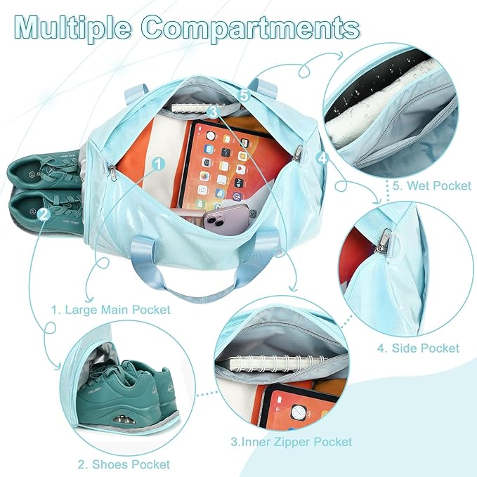 BTOOP Duffle Bag for Girls Kids Gym Sports Women Workout Travel Bag Weekender with Shoe Compartment and Wet Pocket (Blue)