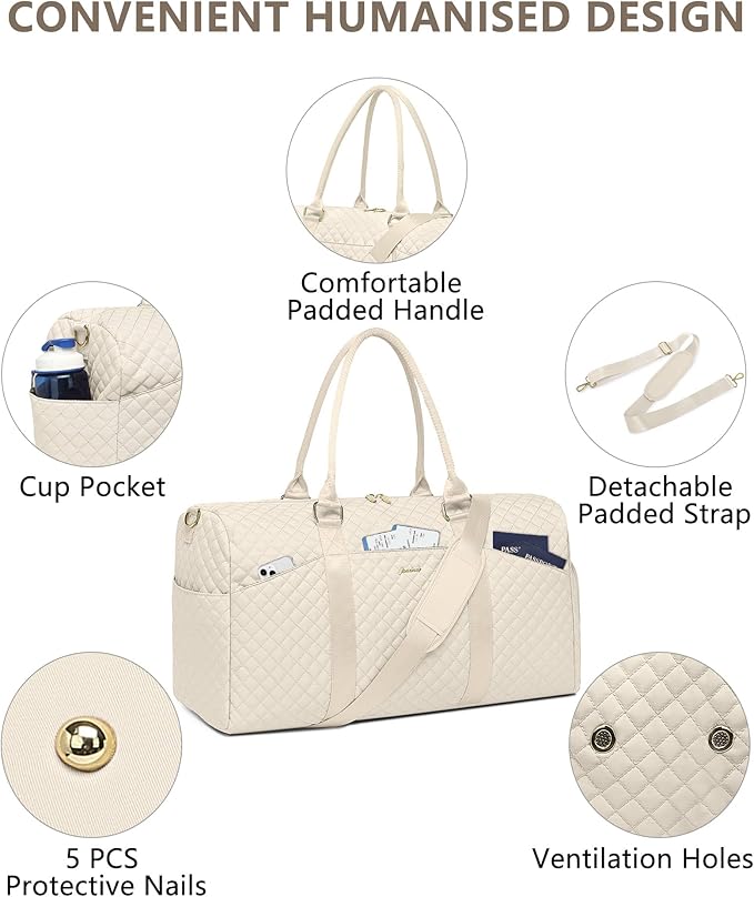 Women Weekender Travel Duffle Bag: Travel Duffel Overnight Bags with Shoe Compartment Large Carry on Tote with Toiletry Bag Weekend Traveling Yoga Gym Hospital Bag for Women with Wet Pocket Beige