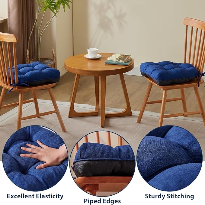 Chair Cushions for Dining Chairs, Seat Cushions for Kitchen Chairs, Indoor Seat Cushions with Ties, Tufted Foam Chair Pads, Non Slip Chair Cushions Set of 2, 15.5" x 15.5" x 4", Navy Blue