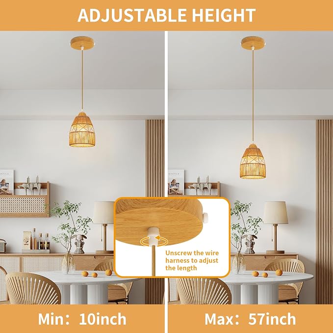 Boho Rattan Pendant Light for Kitchen Island Cone Hanging Lamp | Handwoven Rattan Shade Adjustable Height 10-57 Inch E26 Base Farmhouse Chandeliers for Kitchen Islands And Dining Rooms