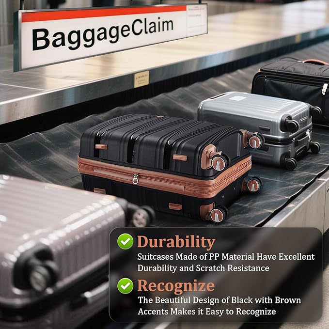 4 Piece Luggage Set PP Hardshell, Expandable Suitcase Set (20/24/28) with 14" Cosmetic Case, Lightweight Spinner Wheels with TSA Lock, Detachable Wheels for Nesting Storage (Black)