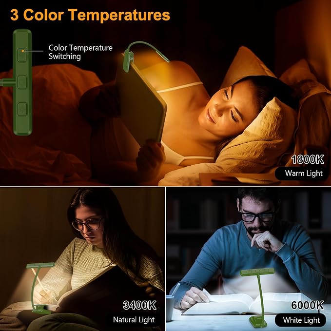 Gritin 19 LED Rechargeable Book Light for Reading in Bed | Eye Caring 3 Color Temps,Stepless Dimming Brightness,Memory Function,90 Hrs Runtime Lightweight Clip on Light-Dark Green