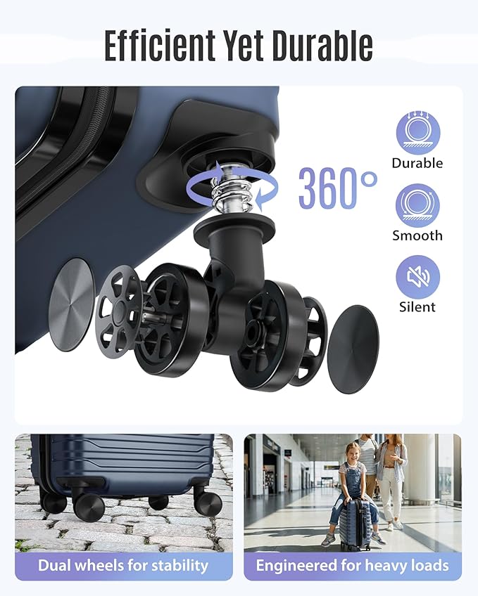 LIGHT FLIGHT Expandable Carry On Luggage 22x14x9 Airline Approved with Double Spinner Wheels, 20 Inch Lightweight Hard Shell Rolling Suitcases with TSA Lock, Dark Blue