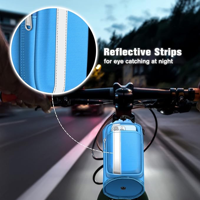 FINPAC Cup Holder for Bike, Universal Water Bottle Holder with Phone Pockets for Stroller Walker Golf Cart Rollator and Scooter, Outdoor, Biking - Blue