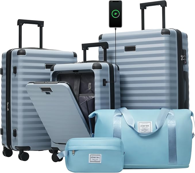 Merax Luggage Sets 3 Piece Front Opening, Hardside Lightweight Carry on Suitcase with Cup Holder USB Port,Durable Expandable Luggage with Bags Spinner Wheels and TSA Lock,Sky Blue