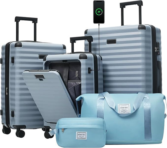 Merax Luggage Sets 3 Piece Front Opening, Hardside Lightweight Carry on Suitcase with Cup Holder USB Port,Durable Expandable Luggage with Bags Spinner Wheels and TSA Lock,Sky Blue