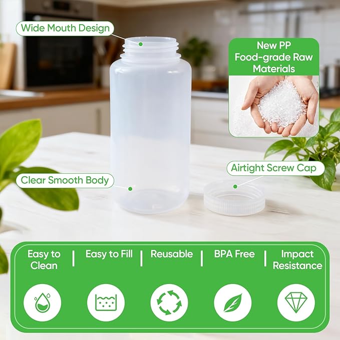 DEMORA 32 oz Plastic Bottles with Lids, Airtight Refillable Wide Mouth Travel Bottles for Toiletries, PP Food Grade Plastic Containers for Liquids Pill Water Sample Lab Reagent (Clear, 2 Pcs)