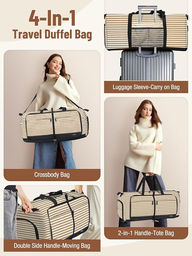 Lekesky Foldable Travel Duffle Bag for Women, Large Duffel Bag with Separate Shoes Compartments & Straps, Carry On Weekend Bag for Women, Hospital, Overnight (Stripe & Beige, 80L)