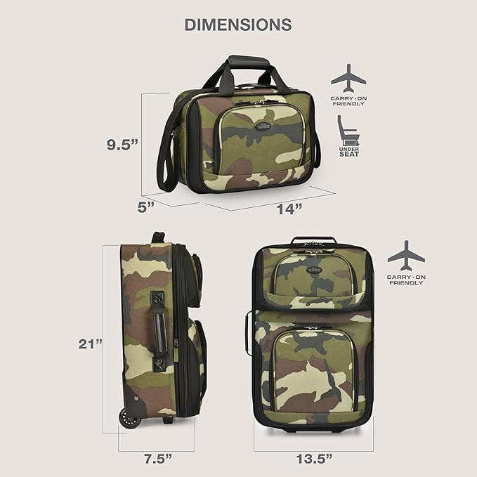 U.S. Traveler Rio Lightweight Softside Rolling Carry-on Suitcase, 2-Wheel Set, Camouflage