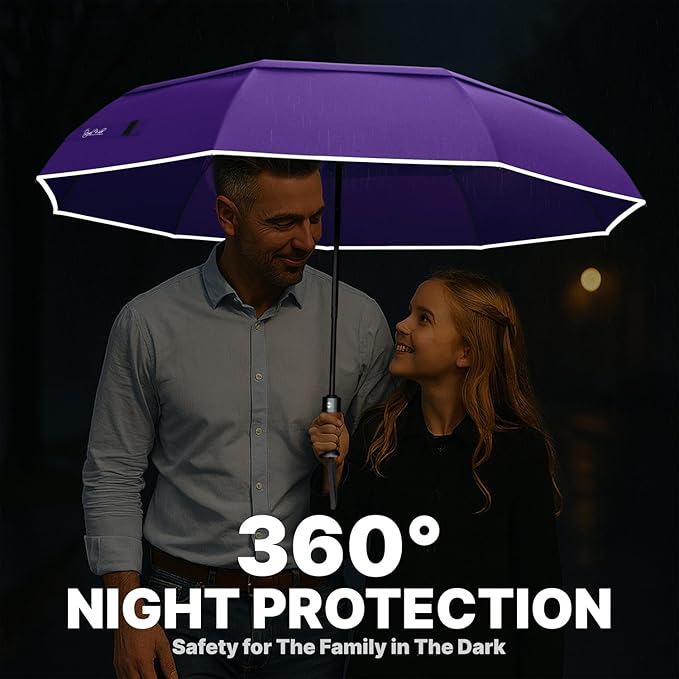 Royal Walk Windproof Folding Travel Umbrella Compact and Strong Luxurious Real Wood Handle Automatic Open Close Vented Double Canopy for Men and Women (Purple)