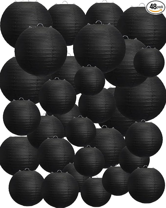 Treela 48 Pcs Paper Lanterns Party Decorations Round,Black | Chinese Hanging Lamps, Wedding, Party Supplies, Birthday Bridal, 4/6/8/10 Inch, Easy Setup, Asian Decor, Festive Atmosphere