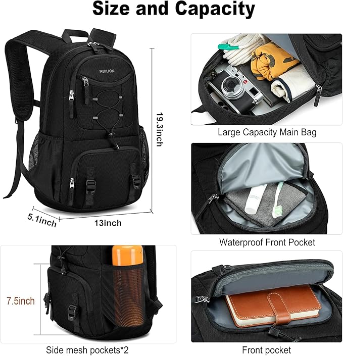 Nerlion Lightweight Foldable 35L Hiking Backpack Travel Backpack for Men Women Camping Waterproof Outdoor Hiking Daypack Backpack Black