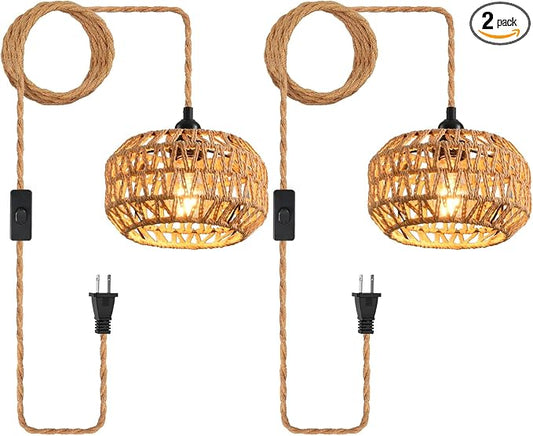 Plug in Pendant Light, Industrial Hanging Light with Plug in Cord Hemp Rope On/Off Switch Farmhouse, Vintage Hanging Lamps for Dining Room