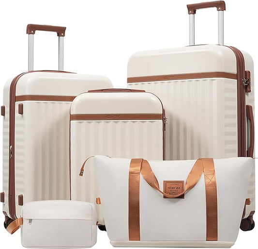 Merax Luggage Sets 5 Piece,Hardshell Expandable Suitcase with Spinner Wheels and Travel Bags,Lightweight Carry on Luggage,20/24/28IN,White and Brown