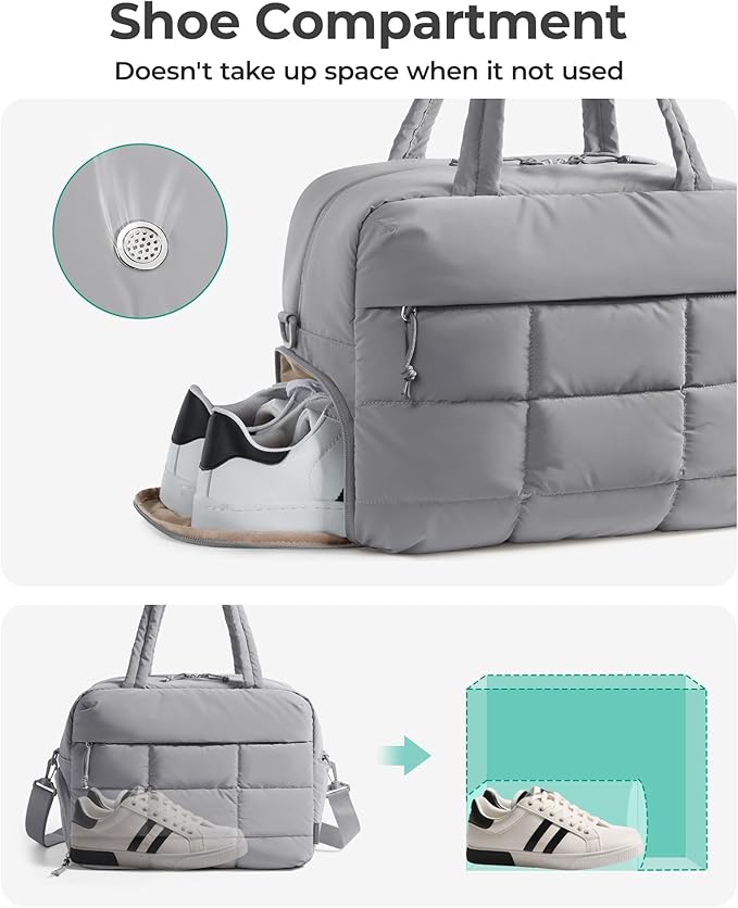 BAGSMART Gym Bag for Women, Carry on Travel Duffel Bag, Water-resistant Weekender with Shoe Compartment for Gym Travel Work, Grey, Medium