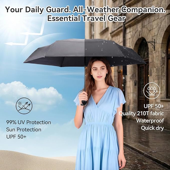 Mini Umbrella for Travel, Compact Folding Umbrella with Case, Lightweight 0.45lb Small Pocket for Backpack and Purse, Rain and Sun Protection - UPF 50+ Windproof Travel Umbrella Compact Mini for Outdoor Use