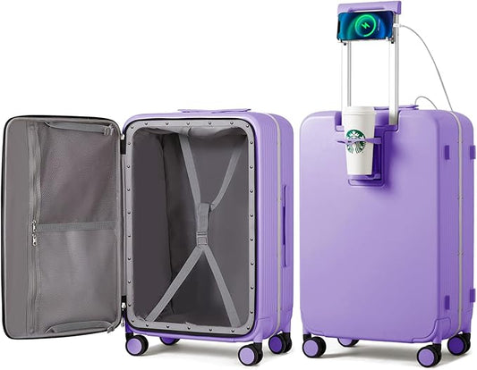 mixi Large Checked Luggage with Cup Phone Holder and Charger Hard Shell Suitcases with Spinner Wheels, 26 Inch Lilac Purple
