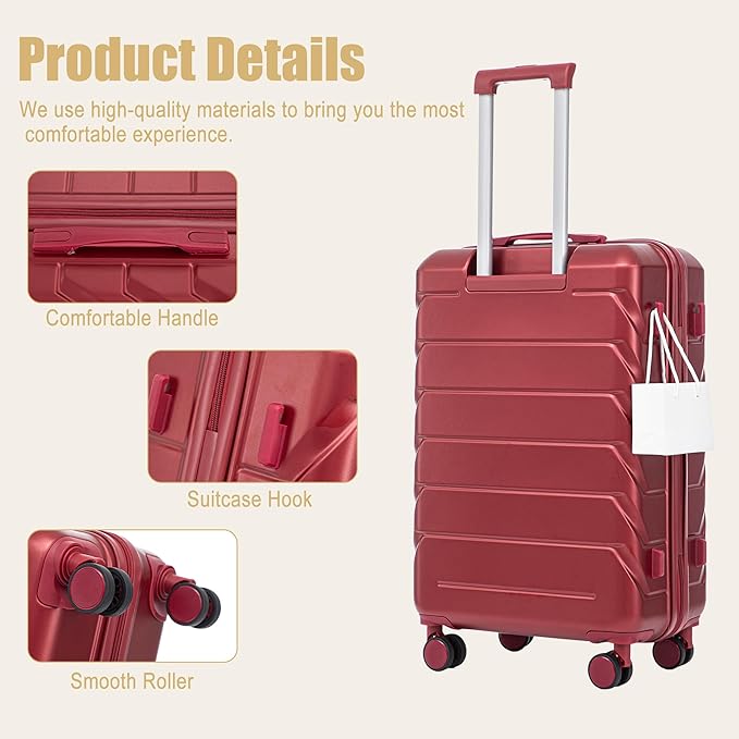 28 Inch Checked-Large Luggage, Lightweight ABS Hard Shell Suitcase with Spinner Wheels, Expandable Travel Luggage with Combination Lock & Side Hooks for Men Women (Red, 28)