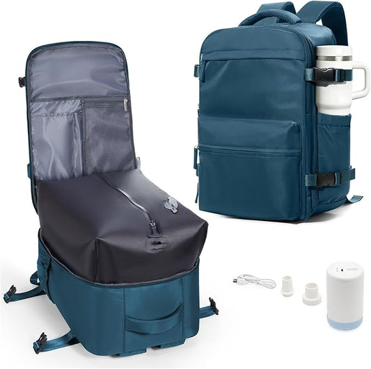 VECAVE Vacuum Travel Backpack with Pump for Women, Personal Item Carry on Backpacks Flight Approved for Men,Laptop Waterproof Work Compression bags Casual Daypack(Blue)