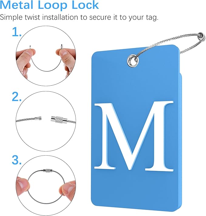 Gostwo 2 Pack Luggage Tags for Suitcases, 26 Initial Letter Travel Luggage Baggage Identification Labels ID Tag Fully Bendable Tags with Stainless Steel Loop (Blue) (Letter M)
