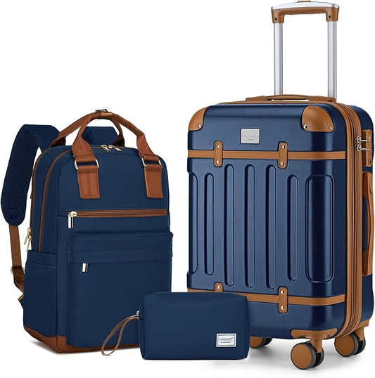 LARVENDER Luggage Sets 3 Piece Expandable Carry on Luggage 22x14x9 Airline Approved Hardshell Suitcase with Wheels TSA Lock, Lightweight Suitcase Set for Women with Travel Backpack, Navy Blue