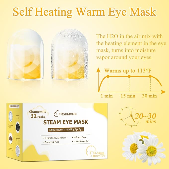 32Packs Steam Eye Mask, Heated Eye Mask for Sleeping, Warm Compress for Eyes, Self Heating Disposal Steam Mask for Home Sleep, Office, Spa, Travel Essentials Valentine's Day Gift (Chamomile)