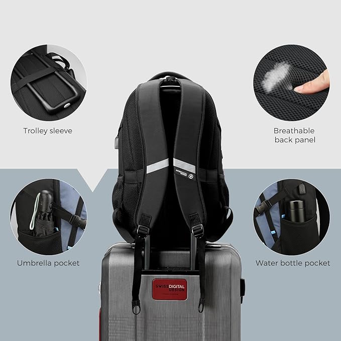 Swissdigital Design Laptop Backpack with USB Charging Port, Travel Backpack Fits 15.6 inches Computer, 31L College School Backpack for Men, Haze Blue/Black | SD803-16