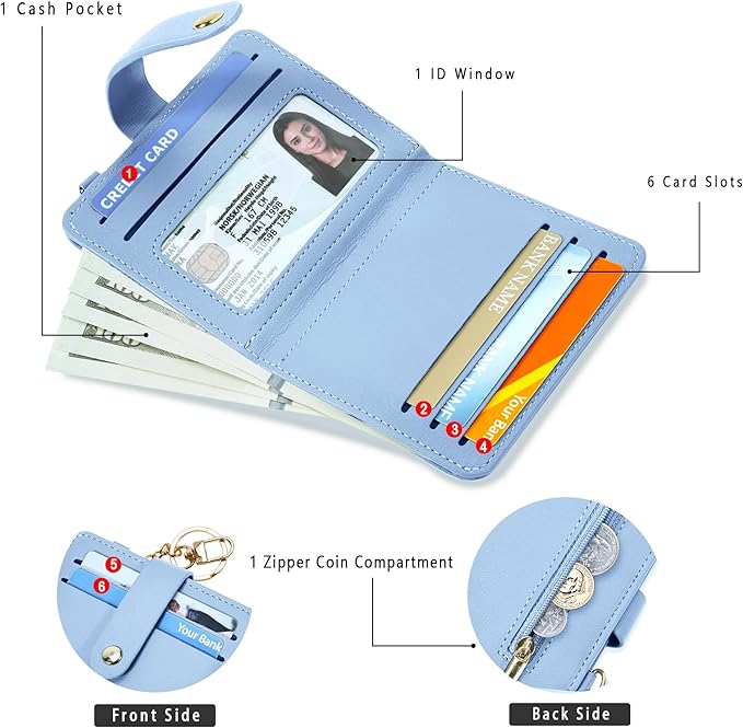 Airkit Small Wallets Woman RFID Blocking Leather Credit Card Holder - with ID Window - Card Wallets for Women - with Zipper Coin Purse - Keychain Wallet