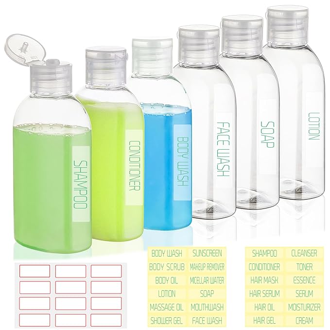 Travel Bottles for Toiletries 6 Pack 3.4oz/100ml TSA Approved Shampoo and Conditioner Bottles Leak-proof Squeezable Travel Size Containers Refillable Empty Plastic Squeeze Bottle (Clear)