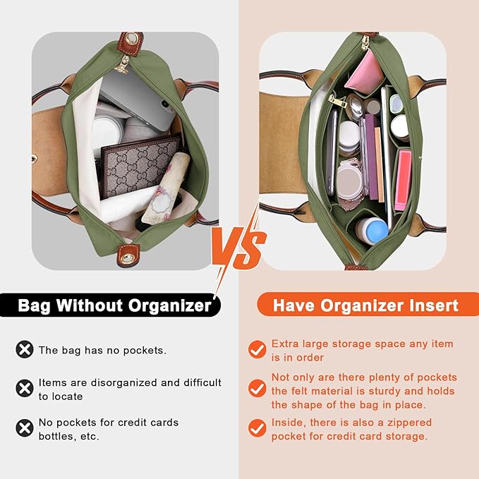 LOUKAYCCI Purse Organizer Insert for Longchamp Le Pliage M Handbag Insert Felt Long Champ Tote Bag Organizer Insert with Cup (Green, Medium)