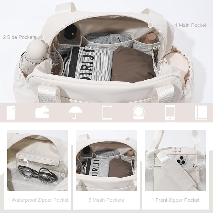 Small Gym Bag for Women, Mini Crossbody Gym Duffle Bag with Wet Compartment, Carry on Gym Tote Bag for Workout Dance Sport Travel (Medium-Beige)