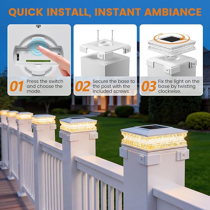 APONUO Solar Post Cap Lights Outdoor, 3 CCT & 2 Brightness Deck Post Lights Solar Powered for 4x4 5x5 6x6 Vinyl Wooden Posts, Waterproof Dusk to Dawn Fence Deck Lights for Patio Garden, White, 6-Pack