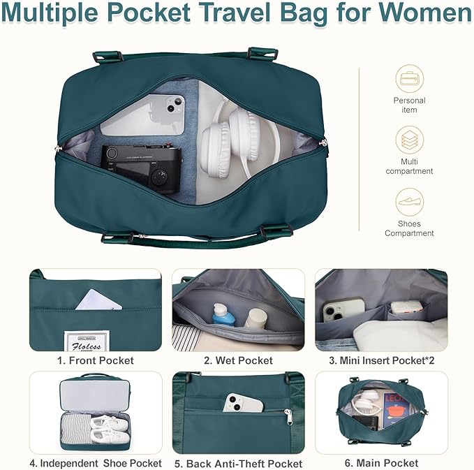 Large Weekender Bags for Women, Travel Duffel Bags with Shoe Compartment,Personal Item Travel Carry on Overnight bag for women Travel Set,Peacock Blue2