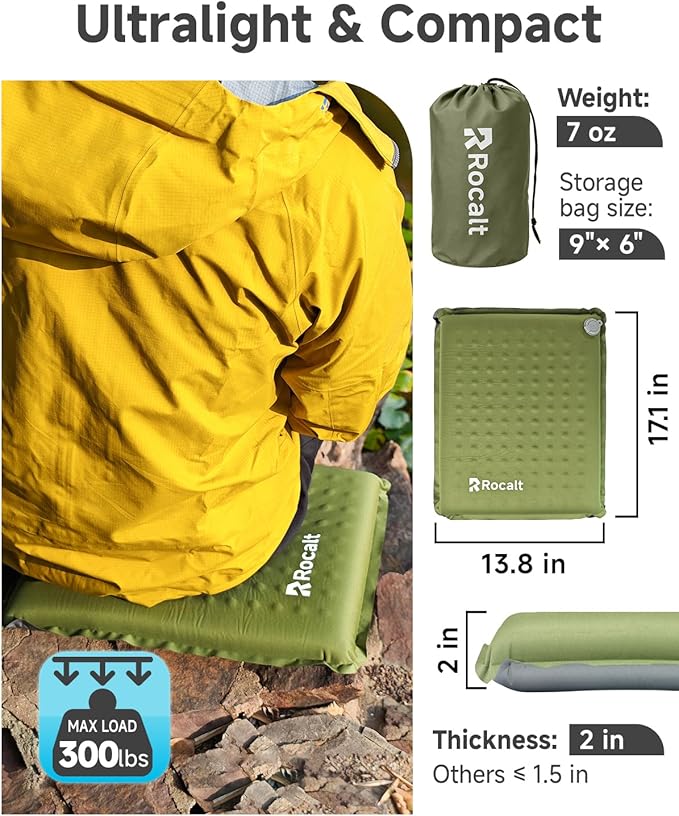 Rocalt Inflatable Seat Cushion, Self-Inflating Memory Foam Airplane Seats Cushion, Portable Air-Foam Stadium Cushion, Lightweight & Compact Bleacher Seat Cushion for Sports Events